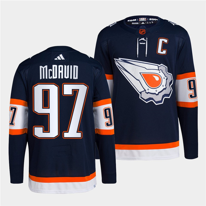 Men's Edmonton Oilers #97 Connor McDavid Navy 2022-23 Reverse Retro Stitched Jersey Men's Edmonton Oilers #97 Connor McDavid Navy 2022-23 Reverse Retro Stitched Jersey